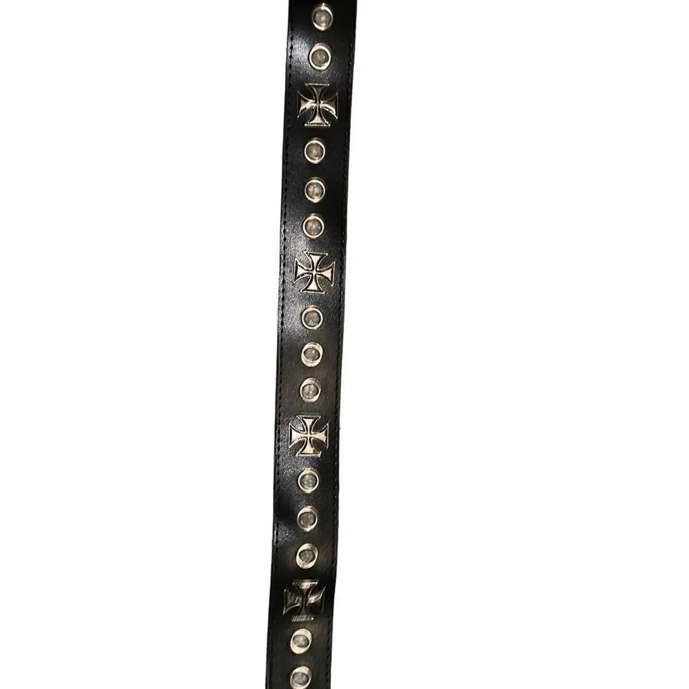 Single Pin Buckle Unisex Black Cross Grommet Faux Leather Belt